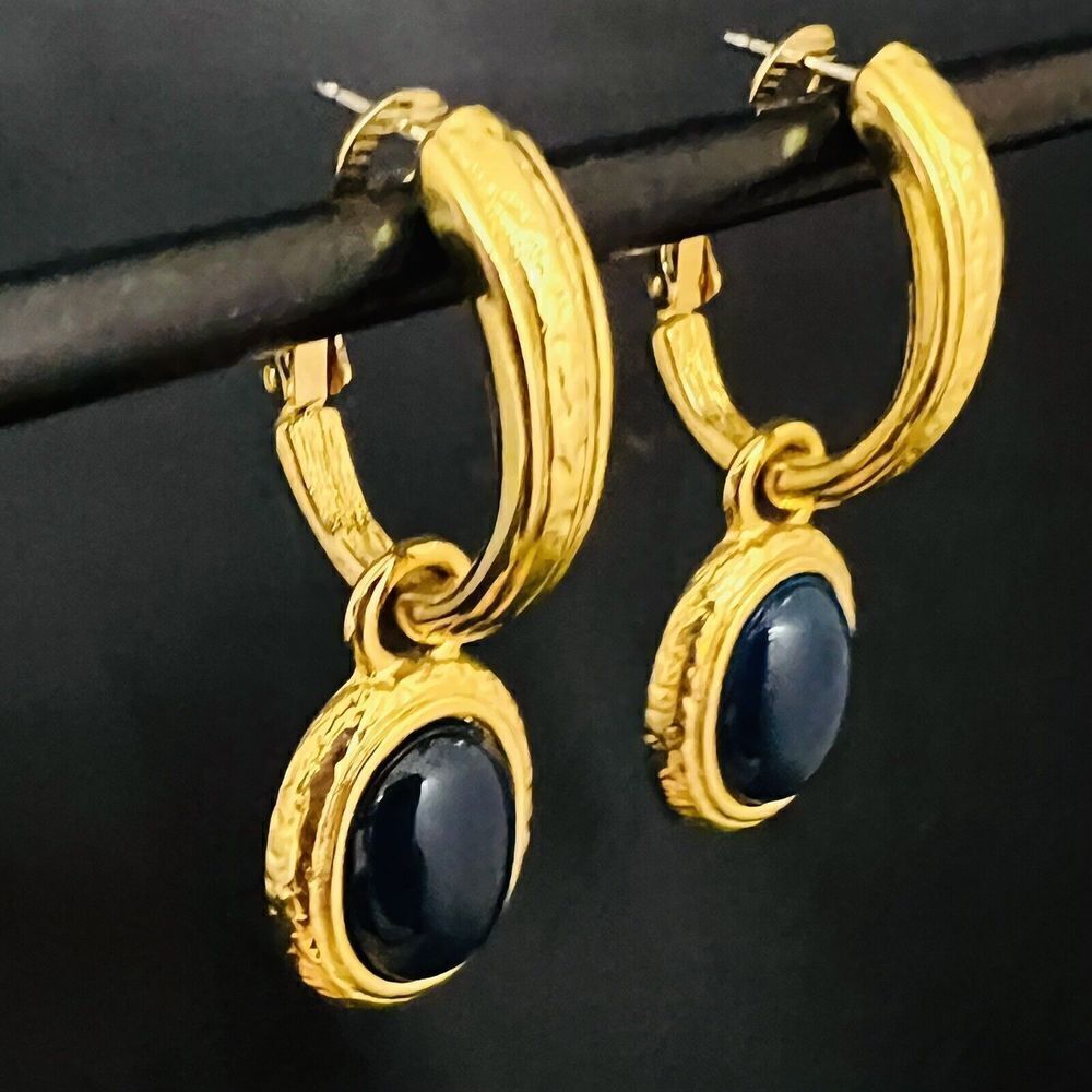 Vintage LCI Liz Claiborne Gold HOOP Earrings Black Oval Cabochons Drop Dangles